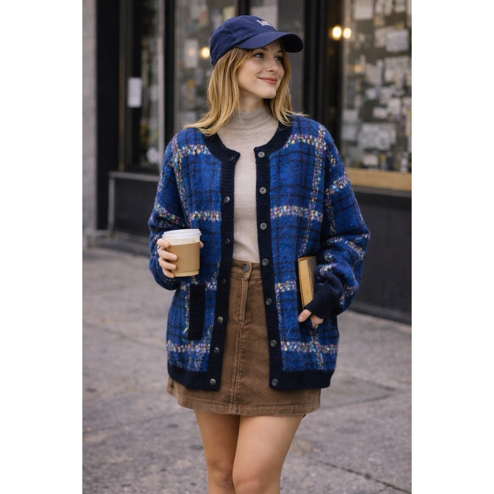 VTG Westbound Cardigan Sweater XL‎ Womens Plaid Mohair Grandma Y2K Preppy